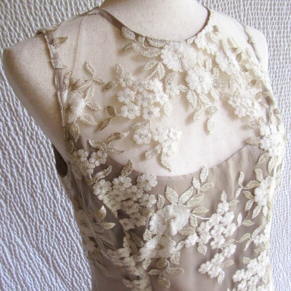 Worth White Gold Lace Dress 6 Metallic Embroidered Party Nude Sheer Look - Picture 1 of 12